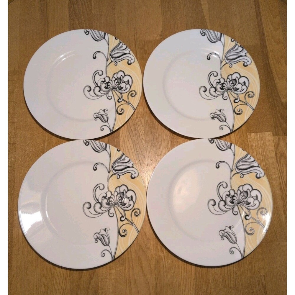 RARE Set of 4 Corelle Tango Dinner Plates 10 3/4" Black Yellow Tulip Nice Cond!!